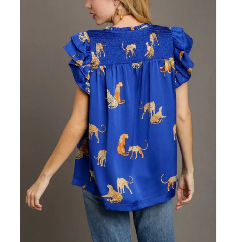Umgee Women's Royal Blue Smocked Detail Cheetah Top with Gold Accents Size XL - Picture 2 of 9